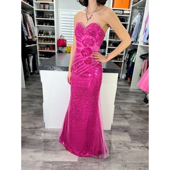 Jovani Magenta Pink Sequined Mesh Strapless Barbiecore Formal Gown $395 - Picture 5 of 12